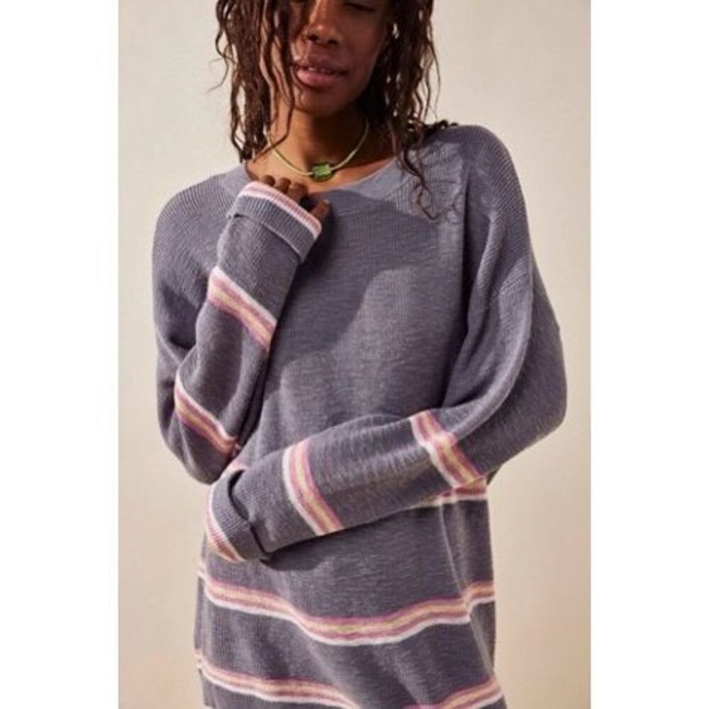 Free People Mariner Sweater Lollipop Combo sz Large Gray Knit Stripe Oversized